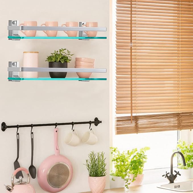 2-Pack Tempered Glass Bathroom Shelf with Rail, 15