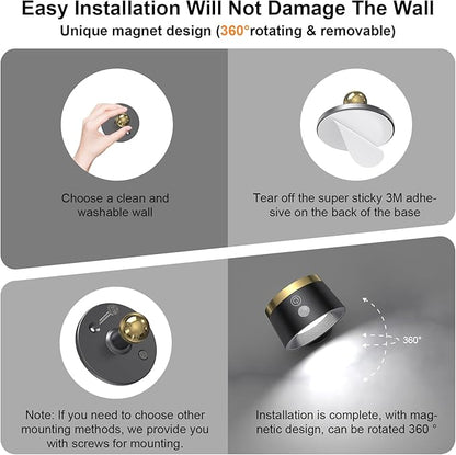 Moobibear LED Wall Lights with Remote, 3500mAh Rechargeable Battery Operated Wall Sconce, Dimmable 13RGB + 3 Color Temperature Magnetic Wireless Wall Lamp, for Rooms, Hallway (Black, 2 PCS)