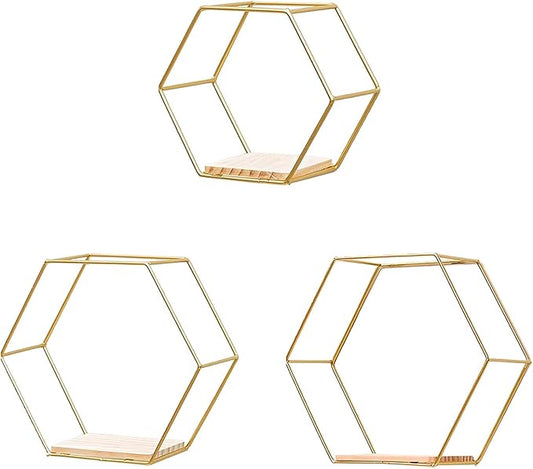 3 Pcs Gold Hexagon Wall Shelves, Floating Decorative Wire Wall Mounted Shelf, Multi-use Geometric Floating Shelves Metal Shelving for Bedroom Living Room Kitchen Office, 6.7in 9.4in 11in
