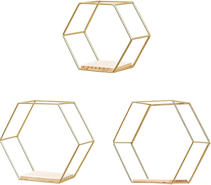 Callicarpa Geometric Hexagon Shaped Floating Shelves Set of 3 Metal Hexagon Shelves Display Shelf for Bedroom, Living Room, Bathroom, Kitchen and Office(Gold)