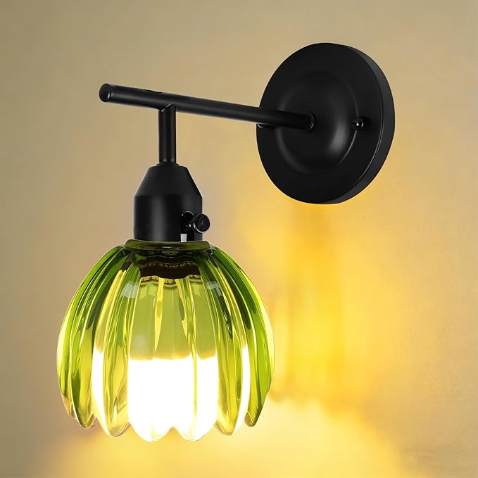 Vintage Gold Wall Sconces with Green Tulip Glass Lampshade, Hardwired and Wireless Wall Lamp (2 Usage Methods), Blakc Sconces Hradwired Modern Wall Lighting Fixture for Bedroom Living Room