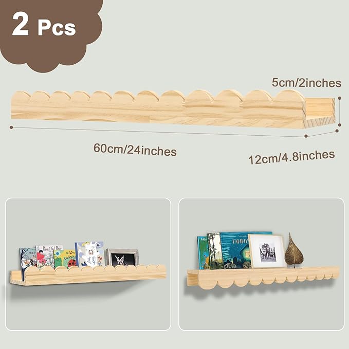 Nursery Book Shelves 24Inches-Floating Shelves for Bedroom Kids, Scalloped Shelves for Wall 2 Pack, Scalloped Shelf for Toddler Room, Baby Room, Nursery Decor, Natural, Large