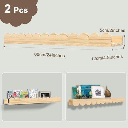 Nursery Book Shelves 24Inches-Floating Shelves for Bedroom Kids, Scalloped Shelves for Wall 2 Pack, Scalloped Shelf for Toddler Room, Baby Room, Nursery Decor, Natural, Large