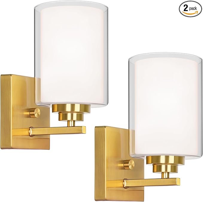 VerRon Set of 2 Wall Sconces for Bathroom, Modern Vanity Light Fixtures, Gold Wall Mount Lighting Lanterns, Farmhouse Wall Lights with Double Clear Glass Shade for Bedroom Living Room Mirror Hallway