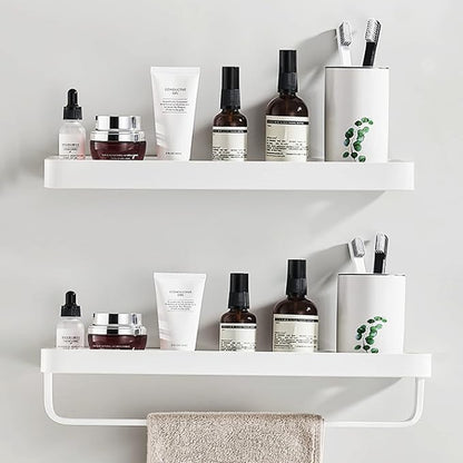 Bathroom Shelves, 15.7in Tempered Glass Shelf with Towel Bar Wall Mounted, 2 Tier Wall Shelves for Bathroom Organizers and Storage, White