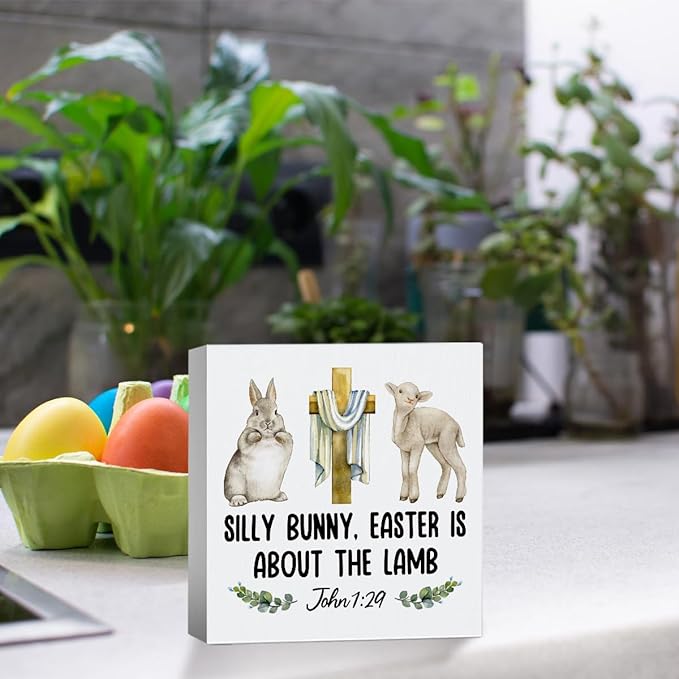 Religious Easter Decorations Christian Easter Decor Rustic John 1:29 Spring Decor Bible Verse Wooden Box Sign for Home Office Bedroom Living Room Desk Shelves
