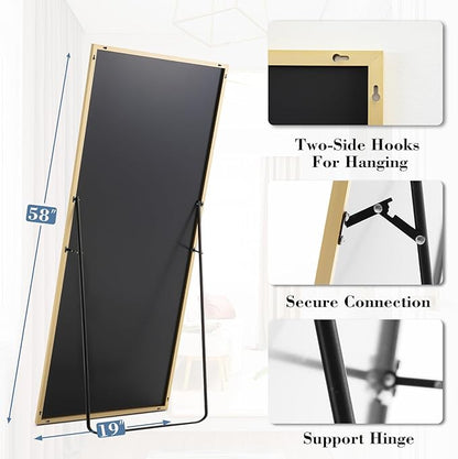 DUMOS Full Length Mirror with Stand, 58"x19" Floor Mirror with Aluminum Alloy Frame for Bedroom, Standing Full Body Mirror with Shatter-proorf Nano Glass for Wall, Living Room, Cloakroom, Gold