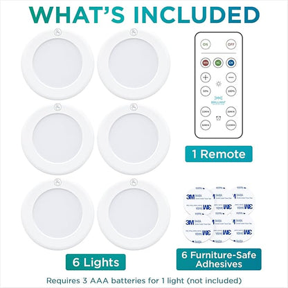 Brilliant Evolution LED Tap Light Push Lights with Remote - 6-Pack Battery Operated Under Cabinet Lights - Stick On Puck Lights for Kitchen, Closet, and Night Lighting - Wireless Warm White, 55 Lumens