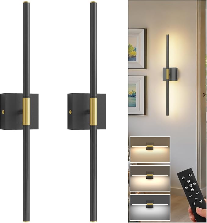 L LOHAS LED Battery Operated Wall Sconces Set of 2, Battery Wall Sconce 10000mAh, Gold and Black Rechargeable Sconces 3CCT, 23.7 Inch Wireless Wall Lights, Sconce Wall Decor for Bedroom, Living Room