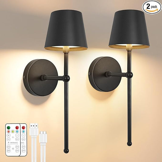 Battery Operated Wall Sconces Set of 2, Wireless Wall Sconce with Remote Dimmable Timer, Rechargeable 5200mAh, Cordless Wall Light for Bedroom Living Room, Hallway, Light Decor