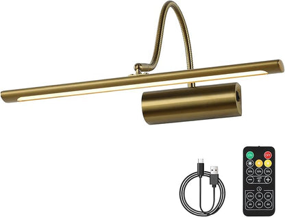 JOOSENLUX Battery Operated Picture Lights Gold Wall Lights Wireless Flexible Neck with Remote Rechargeable Wall Lights for Pictures 16" Dimmable Display Art Light with Timer 3000K Brass