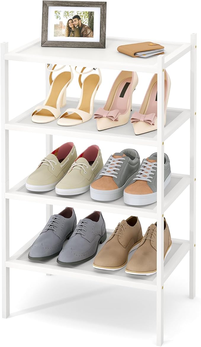 Smiry Bamboo Small Shoe Rack, 4 Tier Shoe Organizer for Entryway & Closet, Stackable Free Standing Storage Shelf for Shoes, Bags & Plants, White