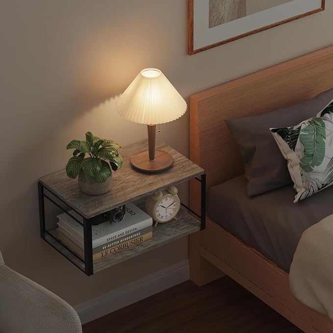 Floating Nightstand Wall Shelf, Wood Bedside Shelf Wall Mounted Nightstand Set of 2, Floating Bedside Table for Bedroom, Living Room, Bathroom, Kitchen, Office(Vintage Gray)