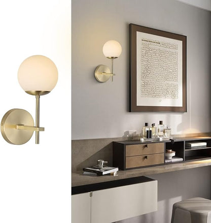 BOKT Brushed Gold Wall Sconce Mid Century Modern 1-Light Globe Round Wall Light Fixture Vintage Bathroom Vanity Wall Sconce Lighting Frosted White Glass Bar Wall Lamp