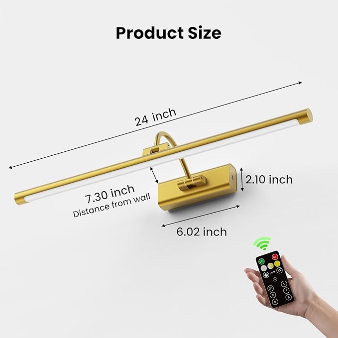 24" Brass Picture Art Light with 1pcs Extra 8000mAh Battery - 2 Pack Wireless Dimmable Wall Mount for Oversized Paintings, Posters & Mirror