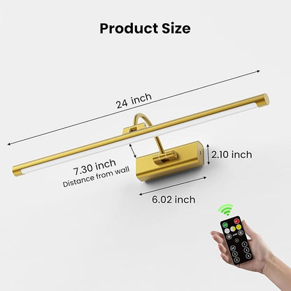 24" Brass Picture Art Light with 1pcs Extra 8000mAh Battery - 2 Pack Wireless Dimmable Wall Mount for Oversized Paintings, Posters & Mirror