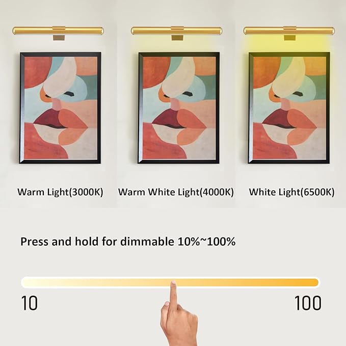 Wireless Picture Light Battery Operated,Rechargeable Painting Light with Remote Control, Metal Art Display Lamp,3 Modes,Dimmable Dartboard Light with Timer for Frame Gallery,300LM, Gold