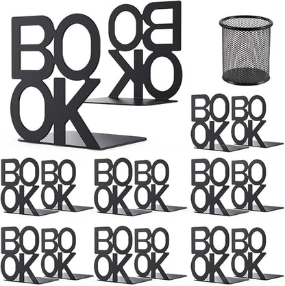 Book Ends - Decorative Metal Book Ends Supports for Bookrack Desk,Books, Unique Appearance Design,Heavy Duty (Black, 8 Pair)