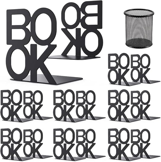 Book Ends - Decorative Metal Book Ends Supports for Bookrack Desk,Books, Unique Appearance Design,Heavy Duty (Black, 8 Pair)