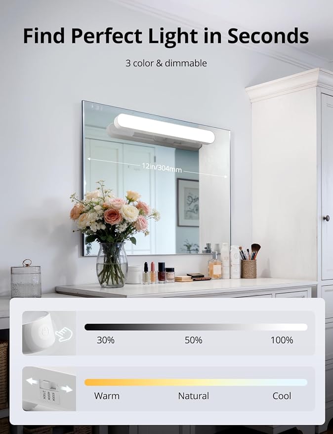 Combuh Rechargeable Makeup Light Bar LED Stick on Vanity Lighting for Mirror, 11Inch Super Bright 14 Days Long Last Battery Operated Wireless Attachable Wall Lamp for Bathroom Dresser Counter