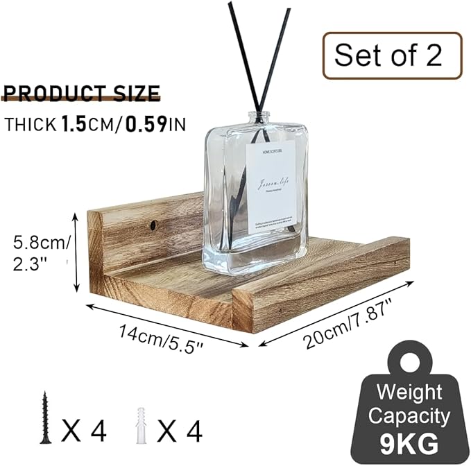 Z metnal Mini Floating Shelves, Small Natural Wooden Display Wall Shelf for Picture Ledge, Light Brown, 8 inch