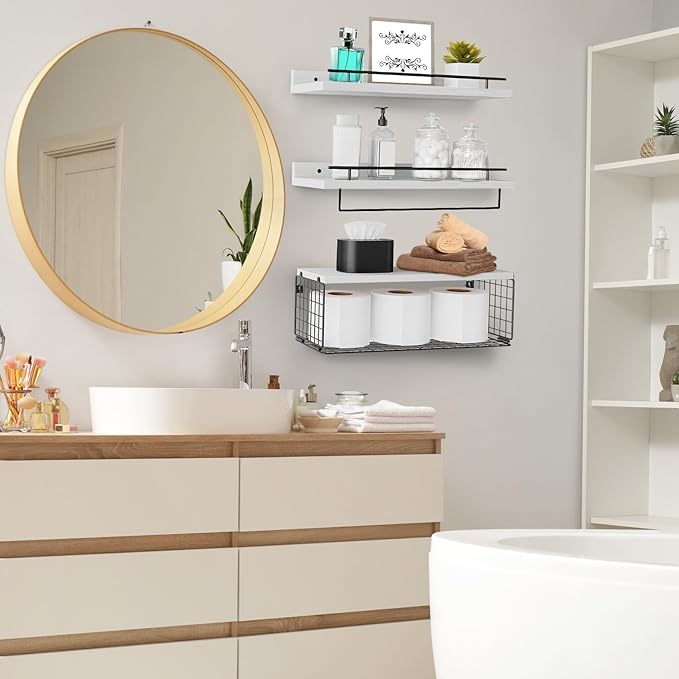 Floating Shelves for Wall, Wood Bookcases, Decor for Kitchen| Farmhouse| Bedroom| Laundry Room| Living Room| Bathroom, Hanging Storage - White