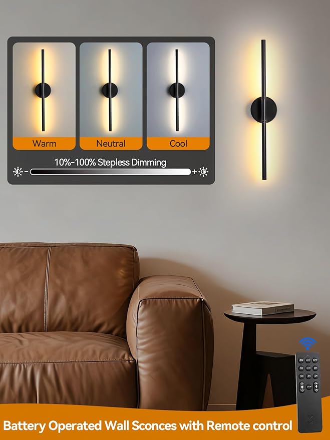 Battery Operated Wall Sconce, Modern Wireless Wall Lights with Remote & Touch Control, 24 Inch Black Dimmable Rechargeable LED Wall Lamps with 3 Colors & Timer for Bedroom, Living Room, Hallway