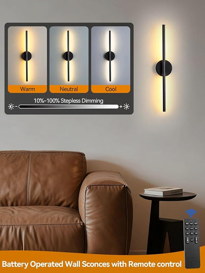 Battery Operated Wall Sconces Set of 2, Rechargeable LED Wall Lights with Remote & Touch Control, 350° Rotatable, 30 Inch Black Dimmable & Timer Modern Wireless Wall Lamps for Bedroom Living Room