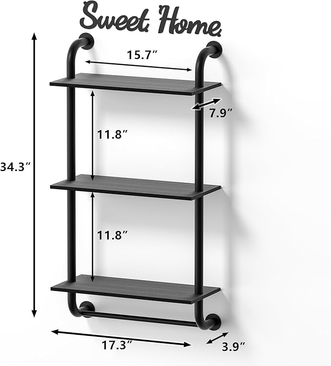 Bathroom Shelves Wall Mounted, Rustic Farmhouse Pipe Shelves, Walls Shelf 3-Tier, Industrial Pipe Shelving, Floating Shelf Wall Decor for Bathroom, Kitchen, Bedroom, Living Room 17.3in Black