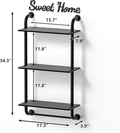 Bathroom Shelves Wall Mounted, Rustic Farmhouse Pipe Shelves, Walls Shelf 3-Tier, Industrial Pipe Shelving, Floating Shelf Wall Decor for Bathroom, Kitchen, Bedroom, Living Room 17.3in Black