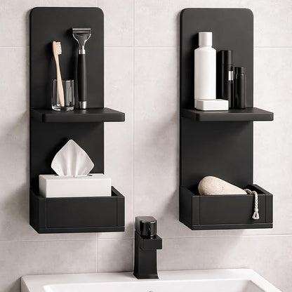 2-Tier Black Floating Wall Shelf, 20x8x6 Wall-Mounted Wooden Beside Shelf/Nightstand for Home Décor, Plants, Cosmetics, Bathroom, Kitchen, Bedroom Storage (Black with Box)
