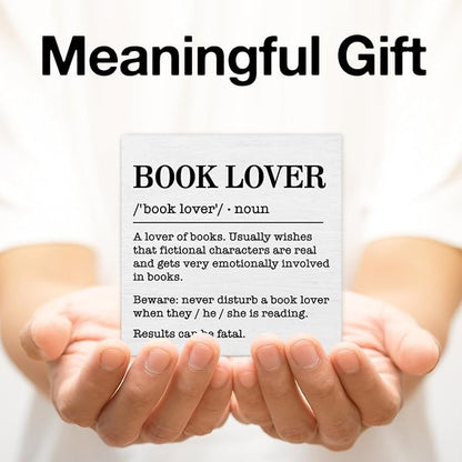 Book Lover Decor Rustic Book Lover Definition Wooden Sign Decorations Home Book Room Library Desk Table Shelf 5×5 Inches, Book Lover Gifts for Women Men Girls Boys