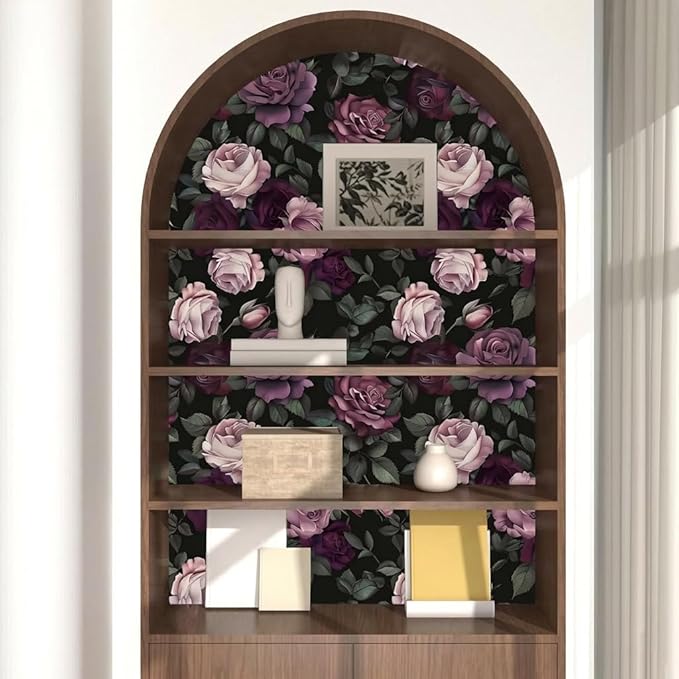 Purple Floral Peel and Stick Wallpaper Vintage Rose Contact Paper 17.5x118inches Removable Self Adhesive Modern Wall Paper for Bathroom Walls Decor Cabinet Renter Friendly