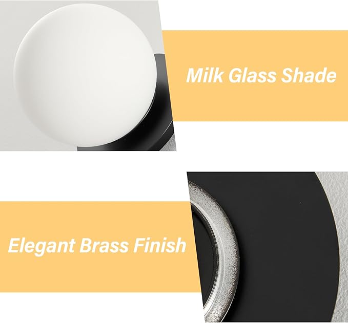 Modern Glass Globe Wall Sconce: Black Single Light with Milk Glass Shade - Minimalist Spherical Vanity Sconces Over Mirror - Contemporary Ball Wall Lights Fixtures for Entryway Bedside Bulb Excluded