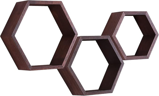 PHOENANCEE Hexagon Floating Shelves,Honeycomb Shelf Set of 3,Wood Farmhouse Hexagonal Decor Wall Storage for Living Room Bedroom Kitchen Office(Walnut)
