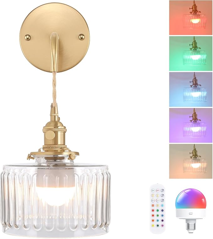 Battery Operated Wall Sconce with Clear Striped Shade Pattern Glass Adjustable Chain Retro Gold Wall Mounted Light, Modern Wall Lamp Fixtures Decor for Bedside Bedroom Indoor Doorway