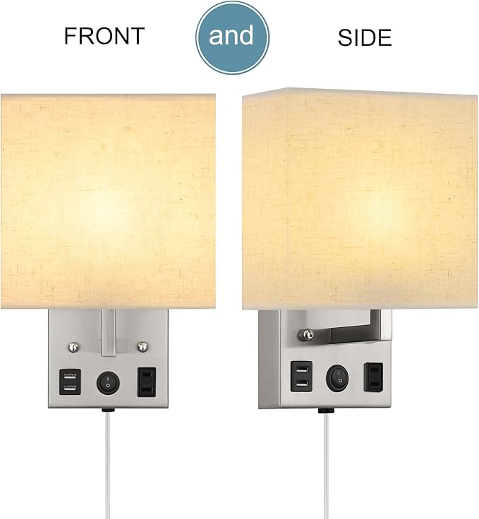 Black Wall Sconces Set of Two, Bedside Wall Lights for Bedroom, Plug in Wall Sconce with USB Ports and Outlets, Modern Wall Lamp for Mirror Kitchen Living Room Hallway, E26 Base (LED Bulbs Included)