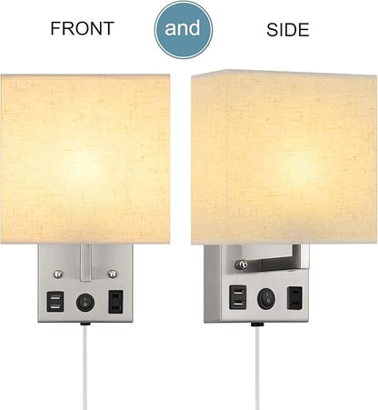 Black Wall Sconces Set of Two, Bedside Wall Lights for Bedroom, Plug in Wall Sconce with USB Ports and Outlets, Modern Wall Lamp for Mirror Kitchen Living Room Hallway, E26 Base (LED Bulbs Included)