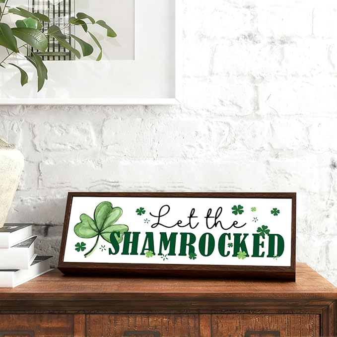 Let the Shamrock Signs, Lucky Four Leaves Clover Decor, St. Patrick's Day Themed Decors for Cafe Shop Coffee Bar, Farmhouse Decor for St. Patrick's Day, Irish Home Party Decorations, 9.5x3.1x1 inches