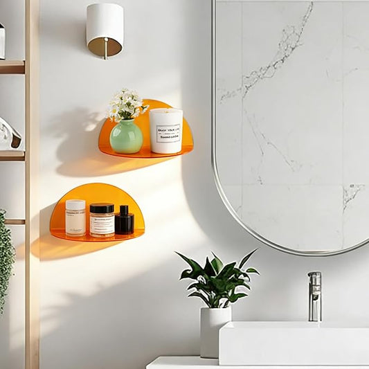 Lesnala 2Pcs Small Acrylic Shelves Floating Shelves for Wall Orange Wall Mounted Display Shelf with Stickers and Screws for Bathroom Bedroom Living Room Office Decor,7.9 Inch