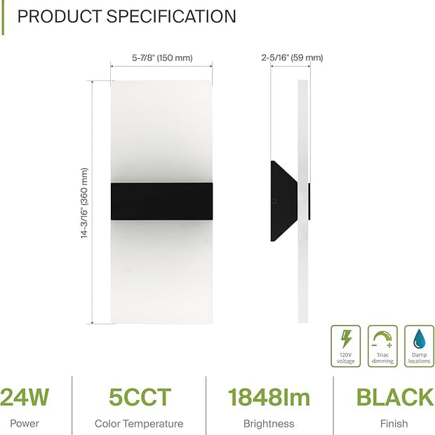 ASD LED Indoor Wall Mount Light Fixture - 14 Inch 24W Modern Interior Matte Black Dimmable Wall Sconce Light - ETL 2700K-5000K Adjustable - Hallway, Bedroom LED Wall Lights, Pack of 2