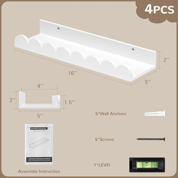 Fun Memories 16 Inch White Picture Ledge Shelf, Scalloped Nursery Book Shelves for Wall, Set of 4, Kids Room, Toddler Room Floating Shelves