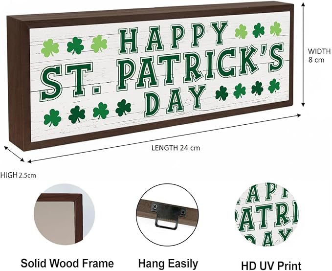 St. Patrick's Day Decor, Shamrock Decoration, Farmhouse Table Shelf Mantel Decors, Decorative Wooden Framed Sign, Irish Home Decor Sign Gift, Happy St. Patrick's Day Gift, 9.5x3.1x1 inches