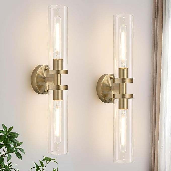 Wall Sconces Set of Two, Hardwired Brass Bathroom Sconces Wall Lighting with Clear Glass, Modern Sconces Wall Decor Set of 2 Vanity Light fixtures for Bathroom Mirror Bedroom (Bulbs Not Included)