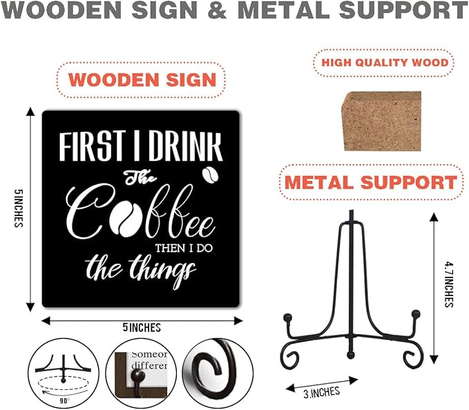 Coffee Lover Gifts for Family Friend Coworker Inspirational Wooden Signs for Farmhouse Bedroom Living Room Coffee Bar Shelf Desk Decoration Funny Wooden Decor Sign Gift, 5 X 5 Inches-B11