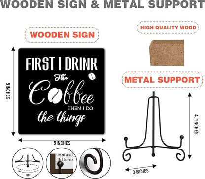 Coffee Lover Gifts for Family Friend Coworker Inspirational Wooden Signs for Farmhouse Bedroom Living Room Coffee Bar Shelf Desk Decoration Funny Wooden Decor Sign Gift, 5 X 5 Inches-B11