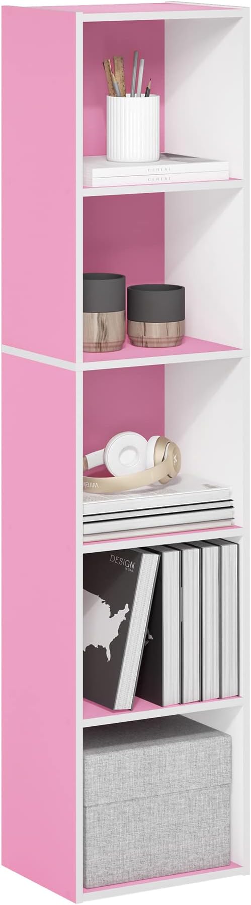 Furinno PASIR Book Shelf, 5-Tier Modern Bookshelf, Open Shelves Bookcase 9 x 12 x 52, for Living Room, Bedroom, Home Office, Pink/White