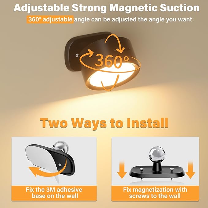 LED Wall Mounted Lights,Rechargeable Battery Operated Wall Sconce with Remote,3 Color Temperatures & Dimmable Magnetic 360° Rotation Cordless Wall Light for Bedside Reading,Bedroom,Closet,2 Pack