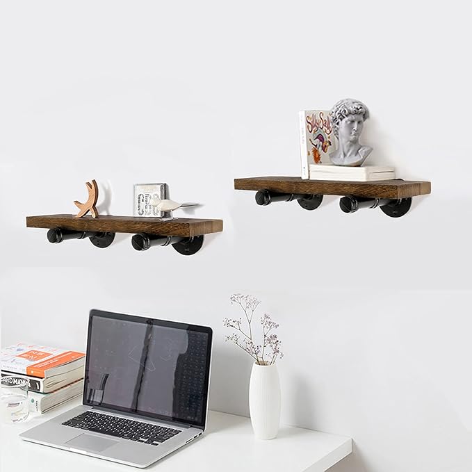Wall Mounted Floating Shelves, Floating Shelves with Industrial Pipe Brackets Set of 4 Rustic Wood Storage Shelf for Bedroom Living Room Bathroom Kitchen Office and More (4, Brown)