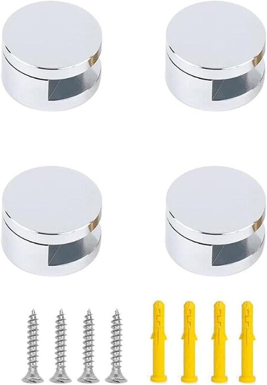 Mirror Clips, Thickened Brass Mirror Floating Glass Clip - Round Wall Mounted Mirrors Bracket/Clip -Bathroom Mirrors Supporting Sheet Mirror Fixed Fitting Silver - (4 Pcs)